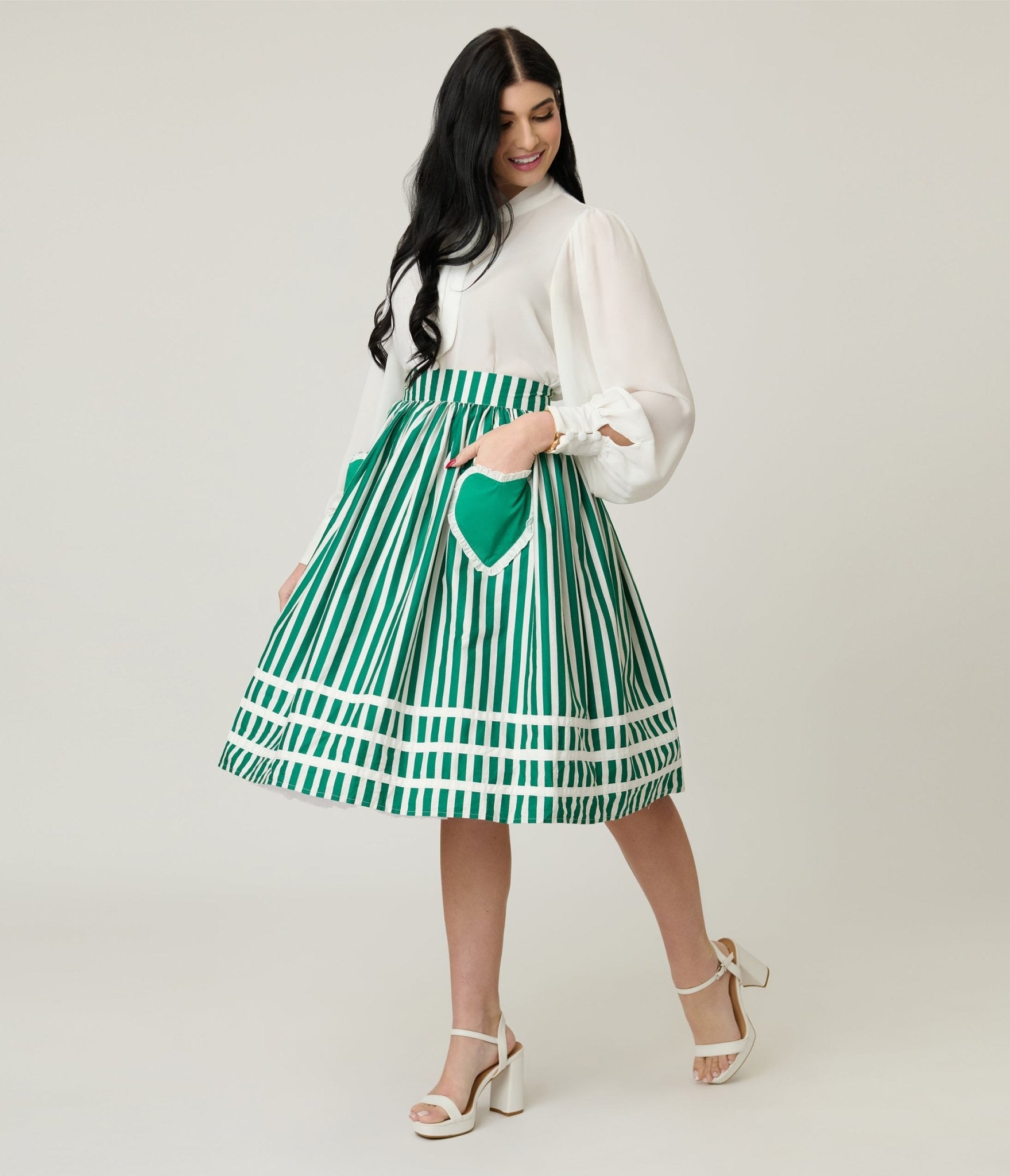 Unique Vintage Green & White Stripe Heart Pocket Swing Skirt - Unique Vintage - Womens, BOTTOMS, SKIRTS