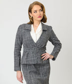 Unique Vintage Grey Tweed Belted Shawl Collar Jacket - Unique Vintage - Womens, TOPS, OUTERWEAR