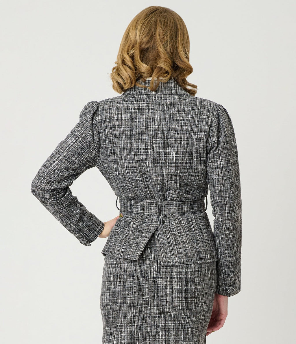 Unique Vintage Grey Tweed Belted Shawl Collar Jacket - Unique Vintage - Womens, TOPS, OUTERWEAR