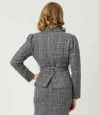 Unique Vintage Grey Tweed Belted Shawl Collar Jacket - Unique Vintage - Womens, TOPS, OUTERWEAR