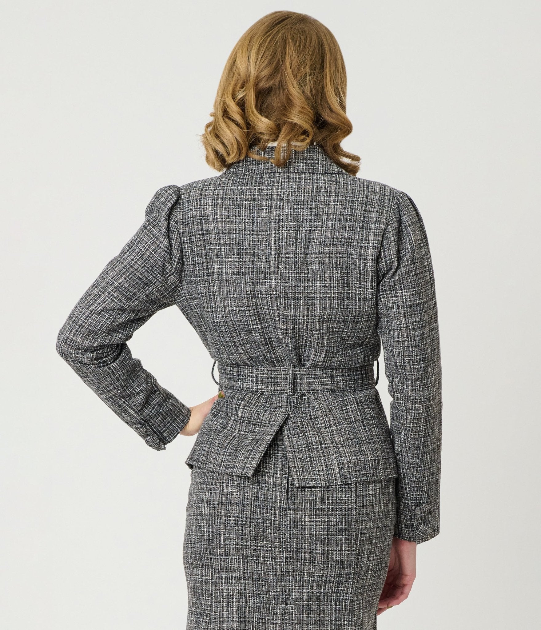 Unique Vintage Grey Tweed Belted Shawl Collar Jacket - Unique Vintage - Womens, TOPS, OUTERWEAR