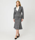 Unique Vintage Grey Tweed Belted Shawl Collar Jacket - Unique Vintage - Womens, TOPS, OUTERWEAR