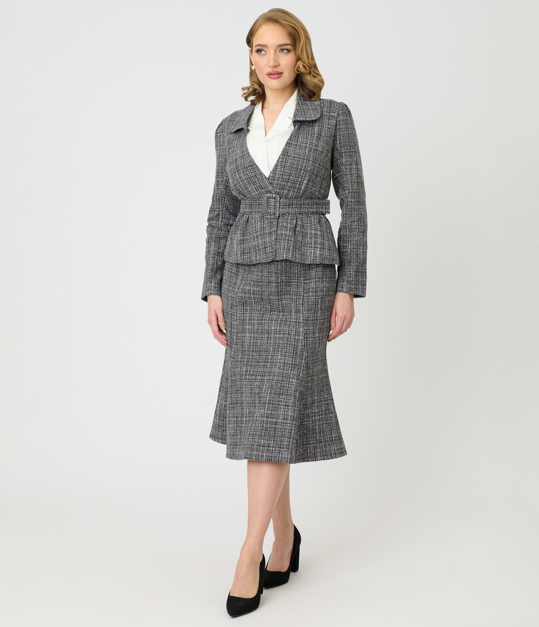 Unique Vintage Grey Tweed Belted Shawl Collar Jacket - Unique Vintage - Womens, TOPS, OUTERWEAR