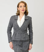 Unique Vintage Grey Tweed Belted Shawl Collar Jacket - Unique Vintage - Womens, TOPS, OUTERWEAR