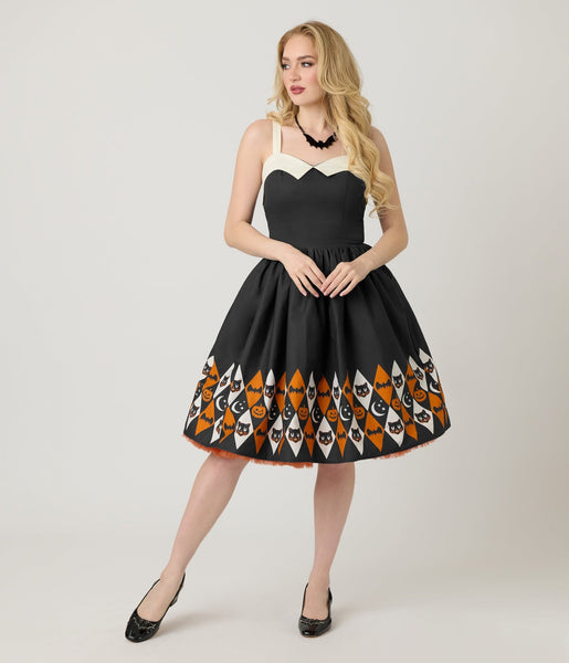 vintage halloween dress Unique Diamond Border Print Cotton Rachel Swing Dres Printed on both sides 50s Retro Brown Lace with