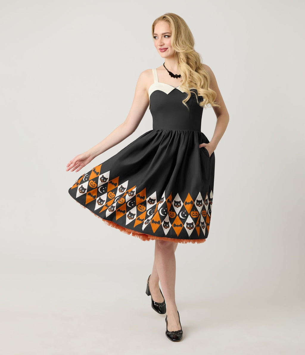 Unique Vintage Halloween Diamond Border Print Cotton Rachel Swing Dress - Unique Vintage - Womens, DRESSES, SWING