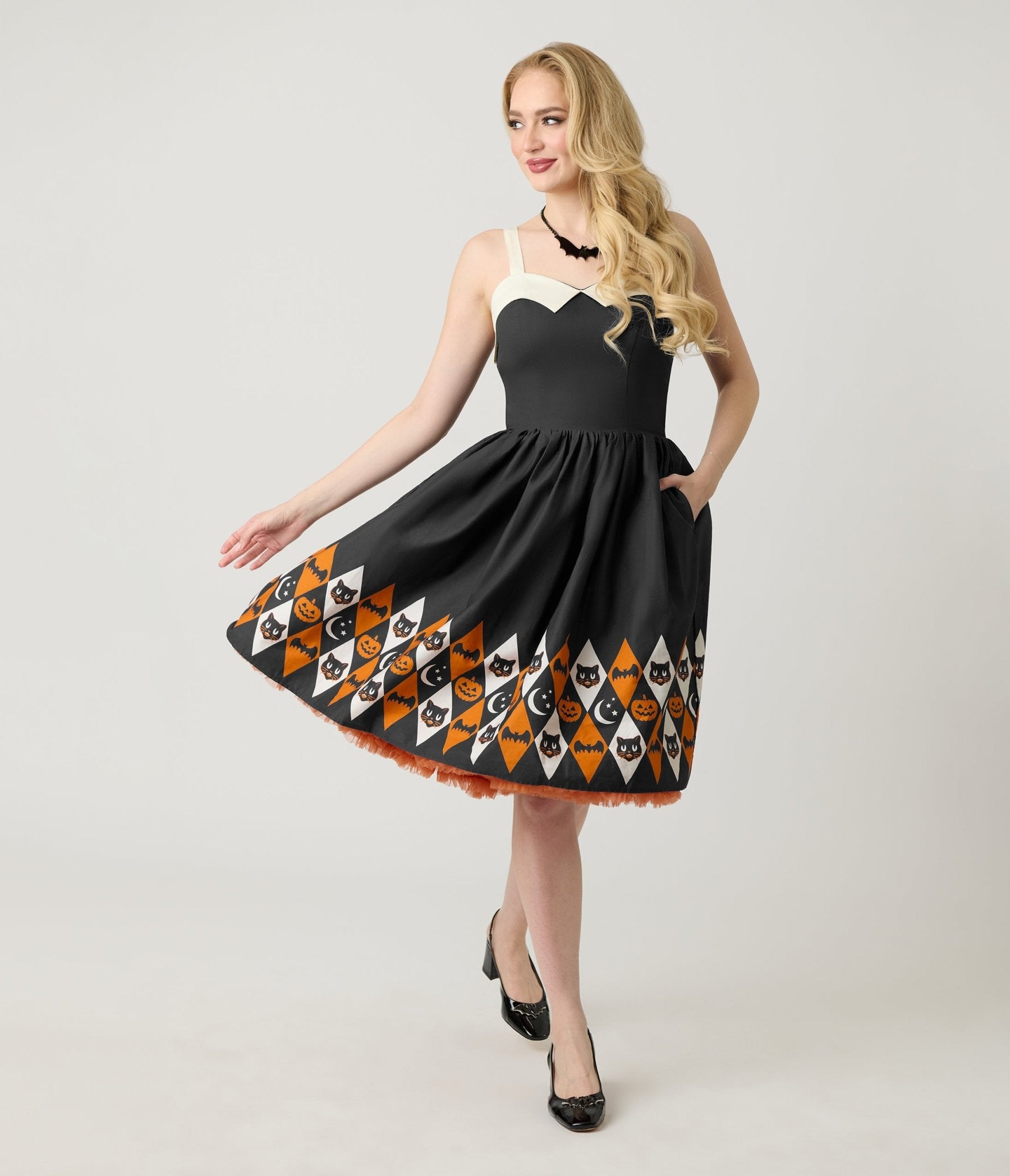 Unique Vintage Halloween Diamond Border Print Cotton Rachel Swing Dress - Unique Vintage - Womens, DRESSES, SWING