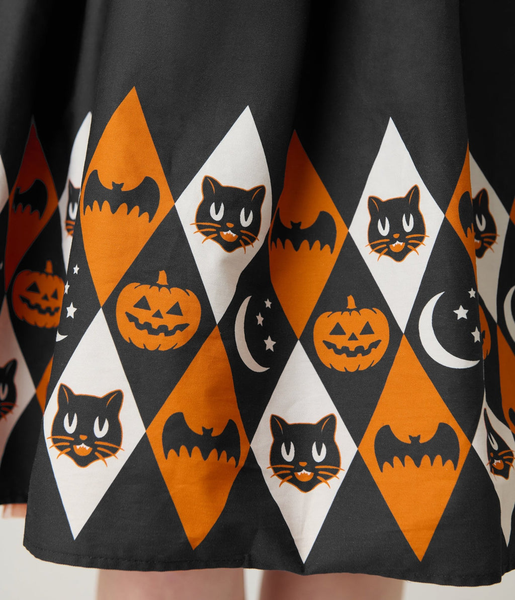 Unique Vintage Halloween Diamond Border Print Cotton Rachel Swing Dress - Unique Vintage - Womens, DRESSES, SWING