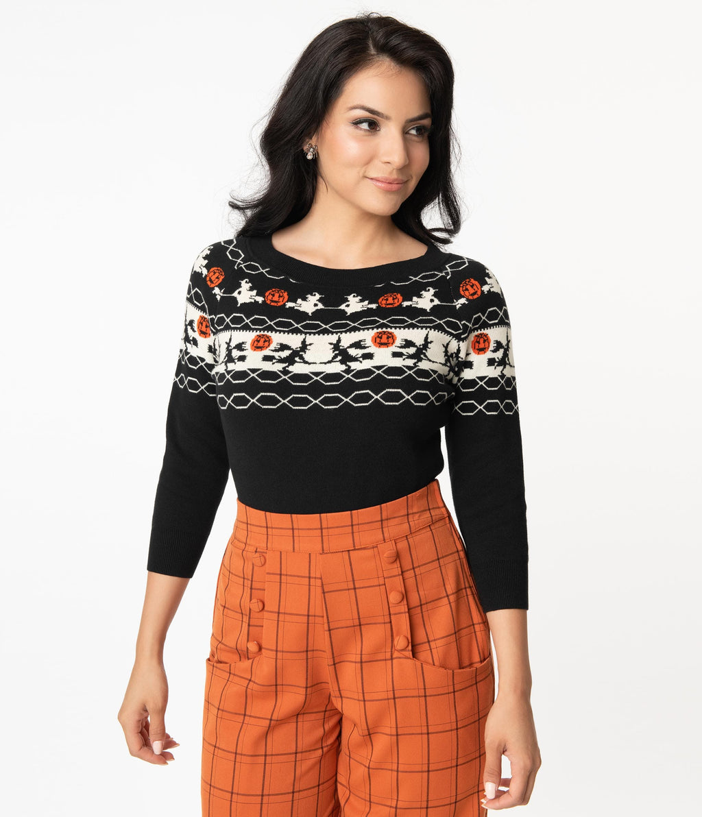 Unique Vintage Halloween Witch Pattern Lorelai Sweater - Unique Vintage - Womens, HALLOWEEN, TOPS