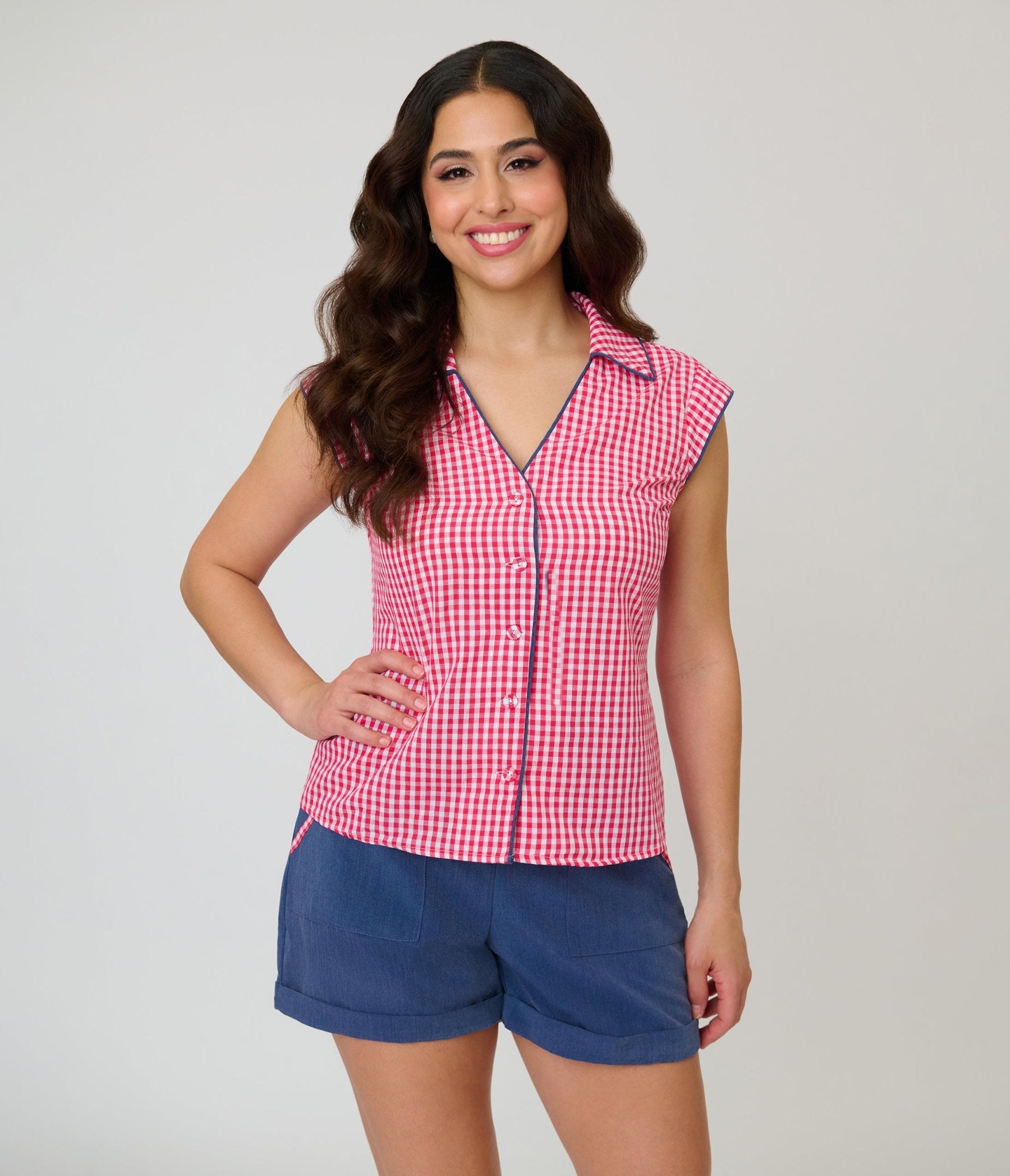 Unique Vintage Hot Pink Gingham Cap Sleeve Top - Unique Vintage - Womens, TOPS, WOVEN TOPS