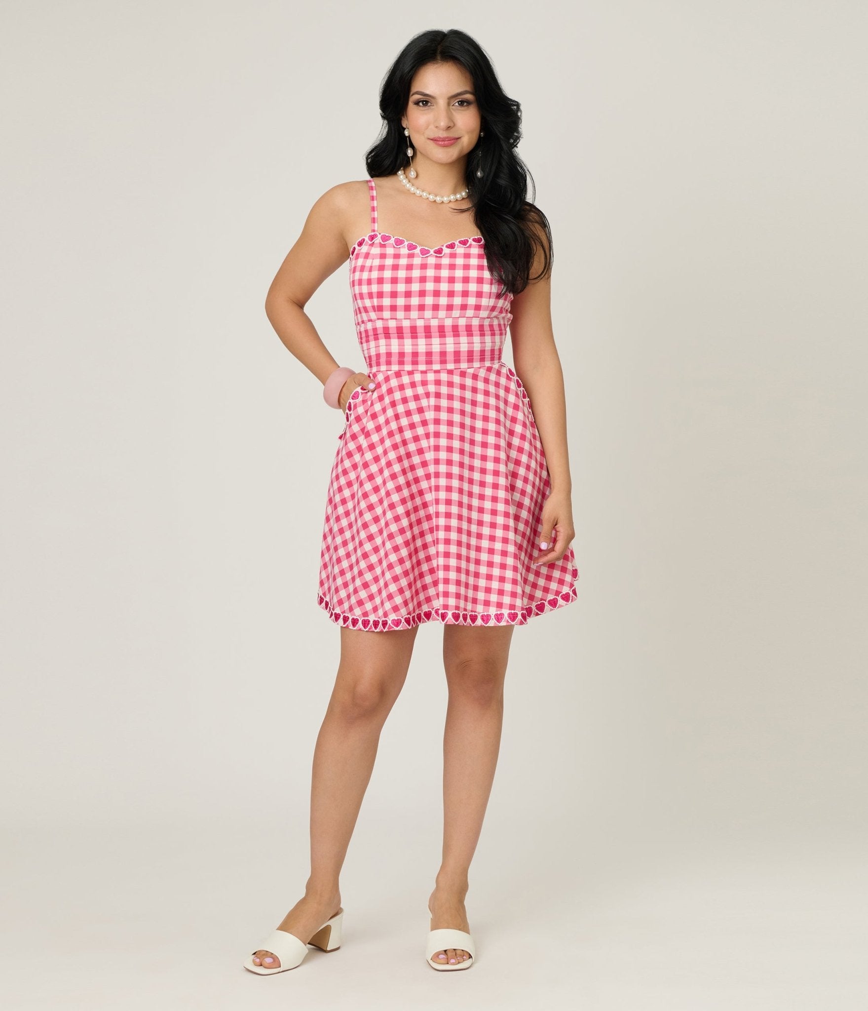 Unique Vintage Hot Pink Gingham Follow Your Heart Flare Dress