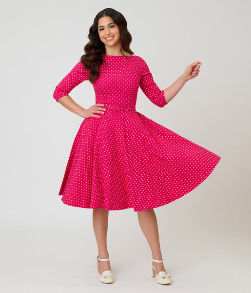 Unique Vintage Hot Pink Pin Dot Devon Swing Dress XS/0-2