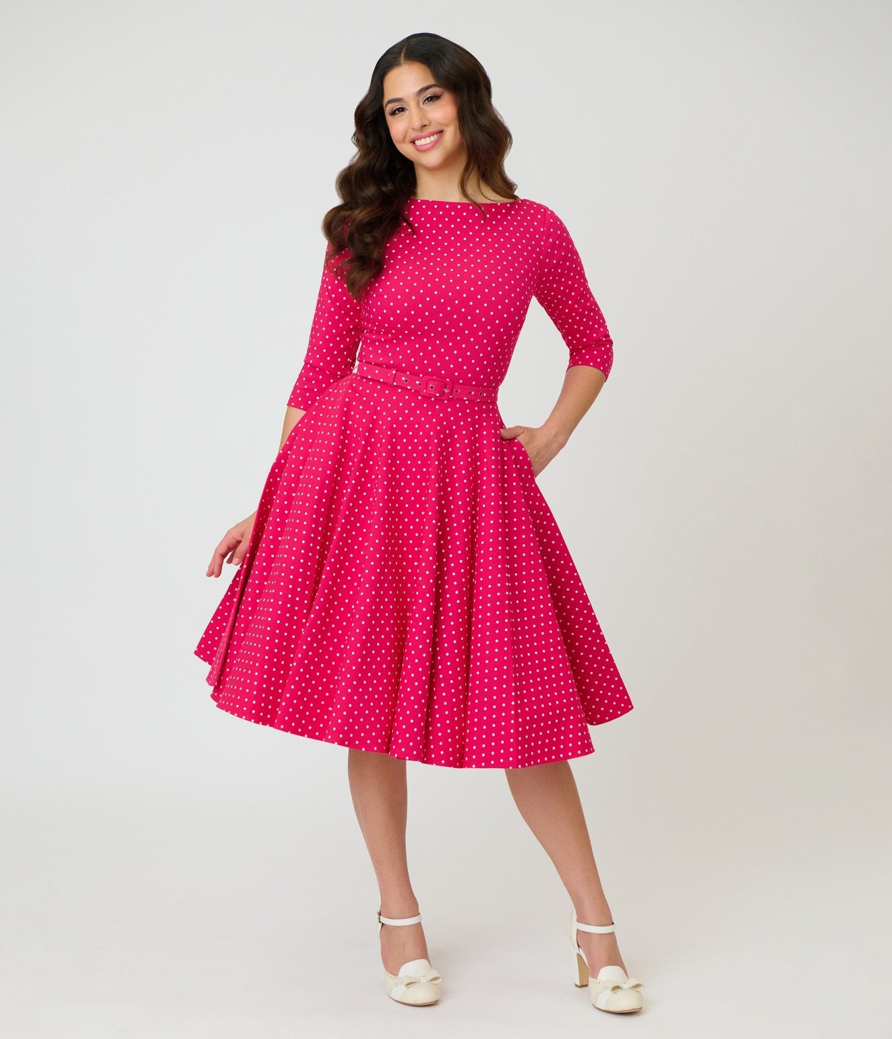 Unique Vintage Hot Pink Pin Dot Devon Swing Dress