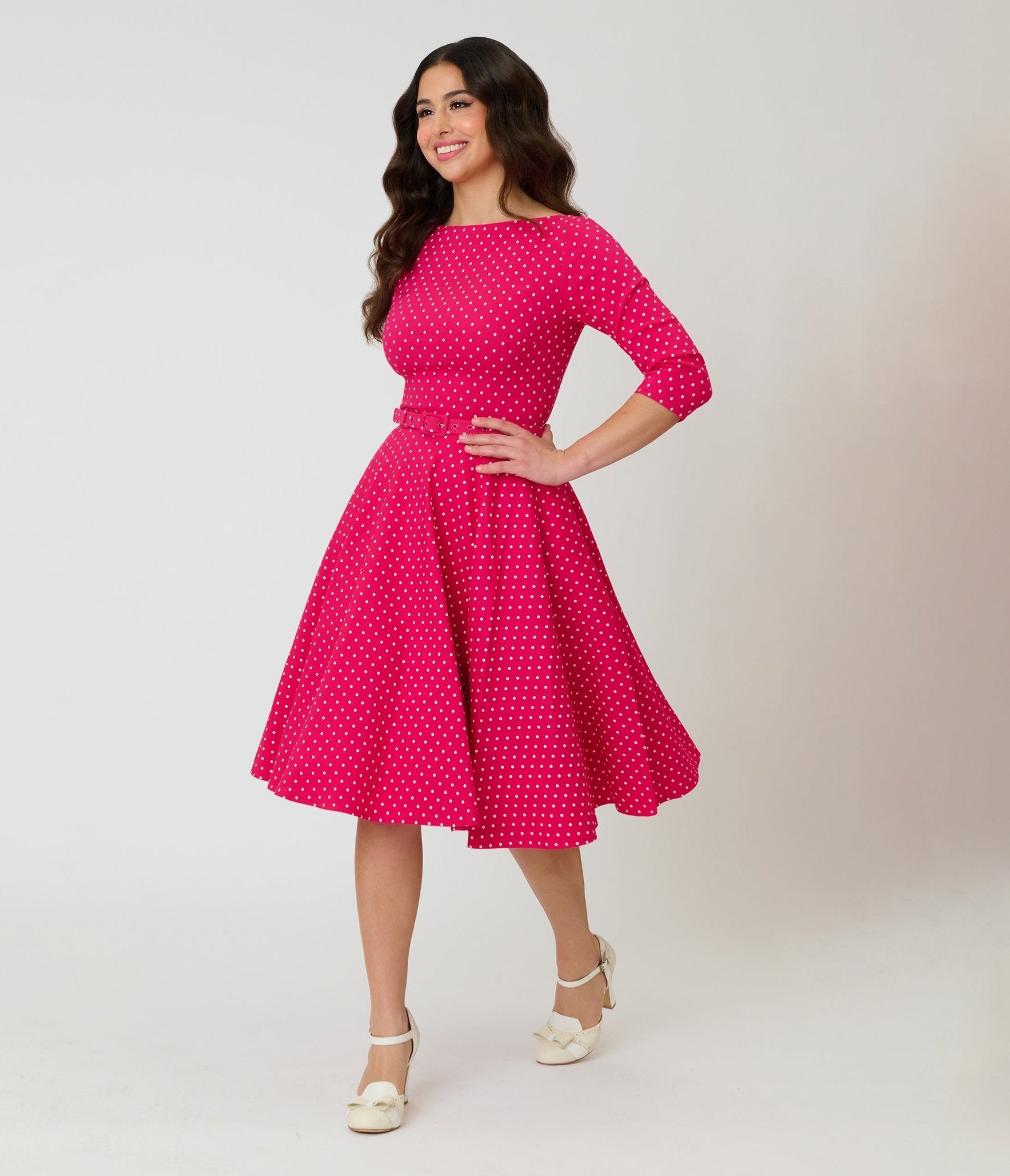 Unique Vintage Hot Pink Pin Dot Devon Swing Dress Unique Vintage Hot Pink Pin Dot Devon Swing Dress