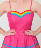 Unique Vintage Hot Pink & Rainbow Cotton Skirted Romper - Unique Vintage - Womens, BOTTOMS, ROMPERS AND JUMPSUITS