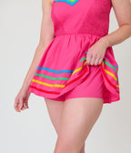 Unique Vintage Hot Pink & Rainbow Cotton Skirted Romper - Unique Vintage - Womens, BOTTOMS, ROMPERS AND JUMPSUITS