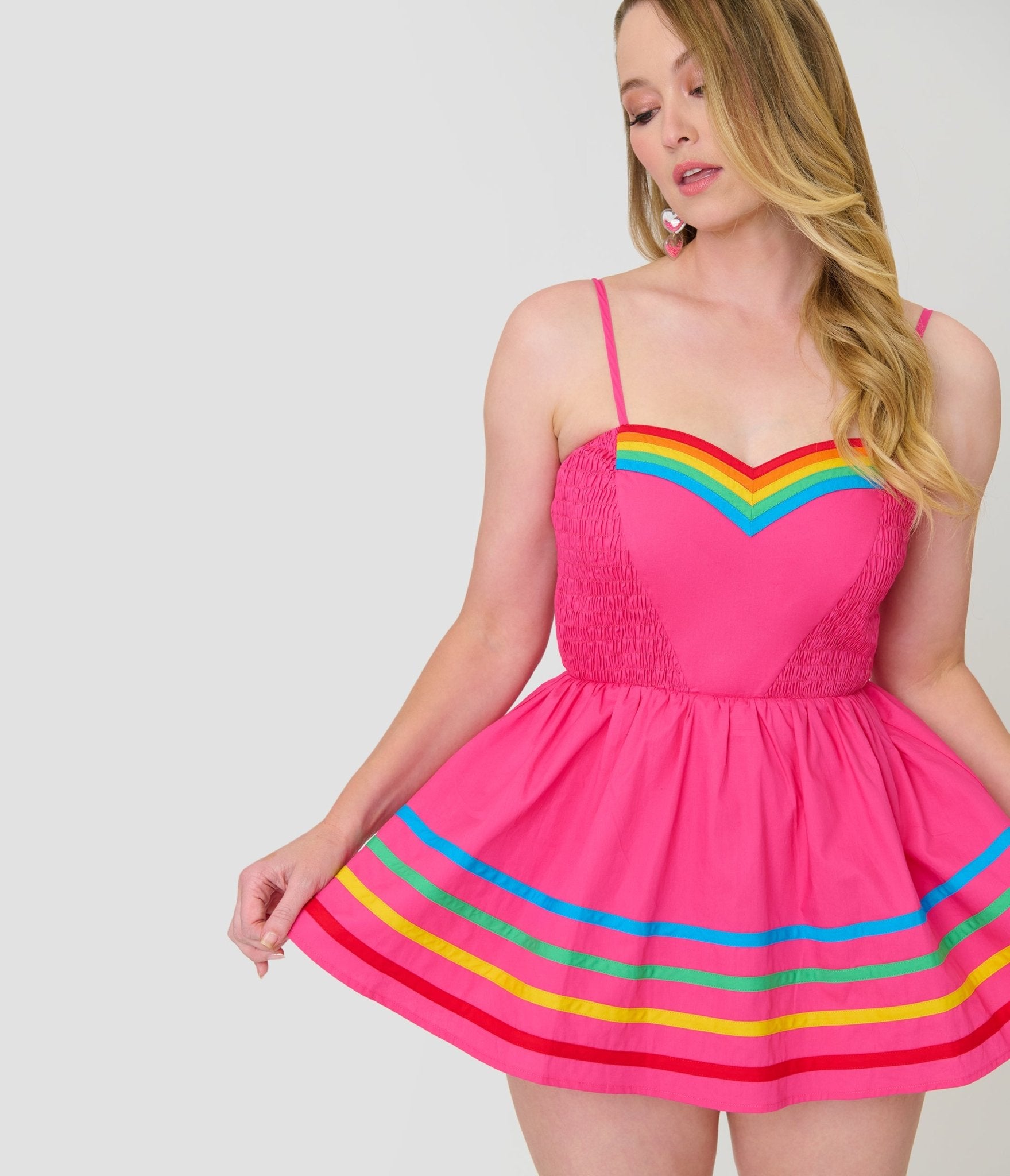 Unique Vintage Hot Pink & Rainbow Cotton Skirted Romper - Unique Vintage - Womens, BOTTOMS, ROMPERS AND JUMPSUITS