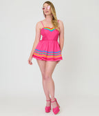 Unique Vintage Hot Pink & Rainbow Cotton Skirted Romper - Unique Vintage - Womens, BOTTOMS, ROMPERS AND JUMPSUITS