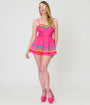 Unique Vintage Hot Pink & Rainbow Cotton Skirted Romper