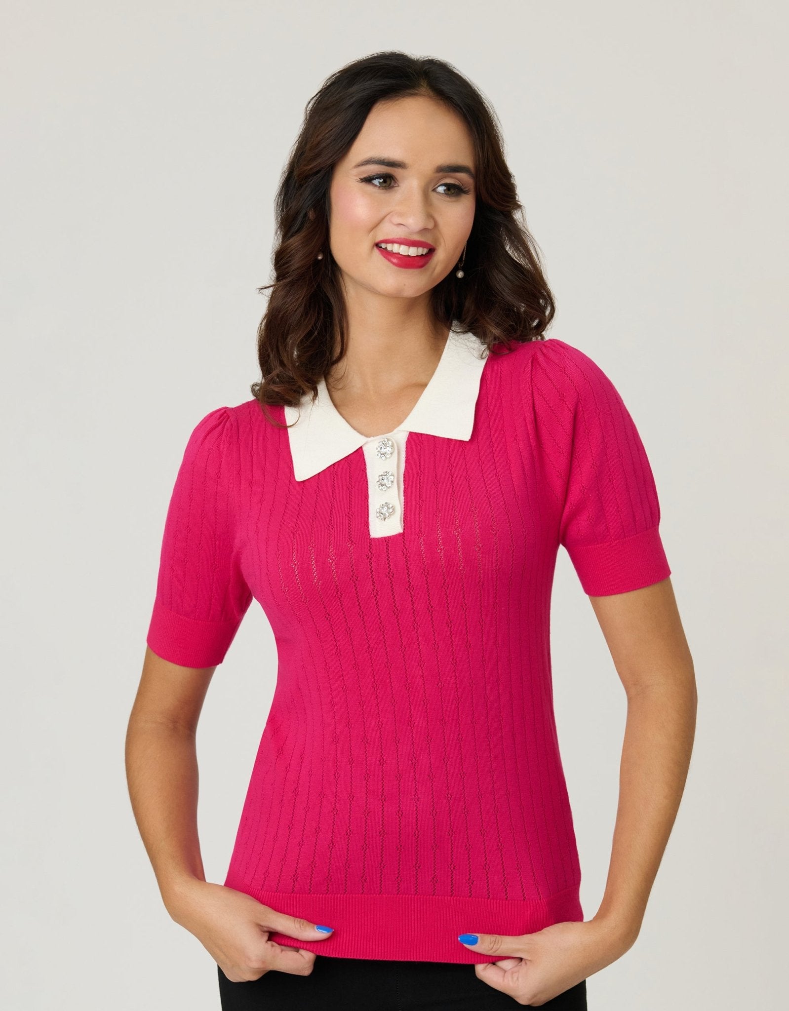 Unique Vintage Hot Pink & Rhinestone Buttons Prim & Pretty Sweater - Unique Vintage - Womens, TOPS, SWEATERS