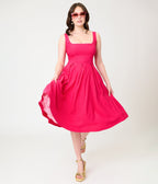 Unique Vintage Hot Pink Square Neck Pleated Swing Dress - Unique Vintage - Womens, DRESSES, SWING