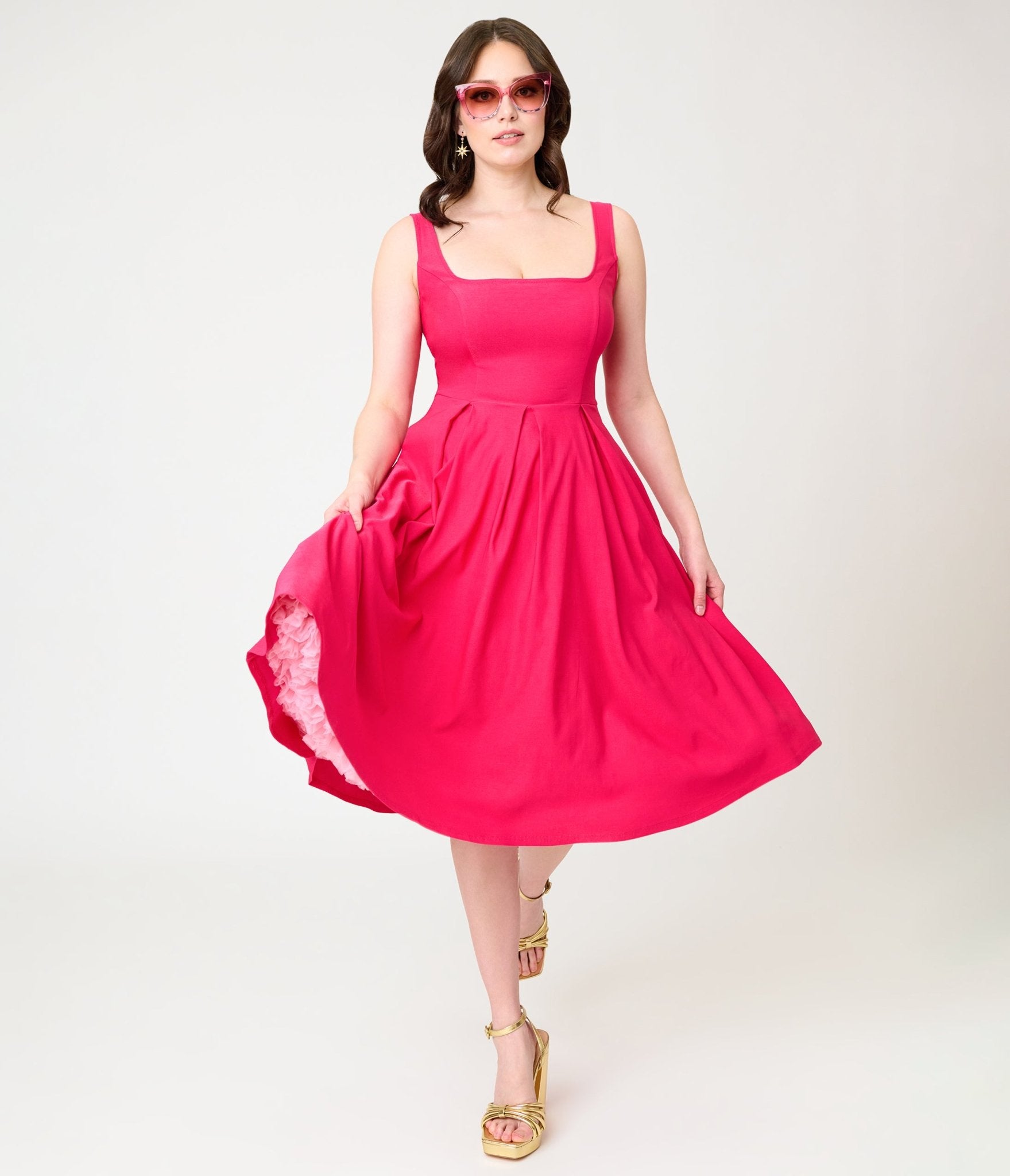 Unique Vintage Hot Pink Square Neck Pleated Swing Dress - Unique Vintage - Womens, DRESSES, SWING