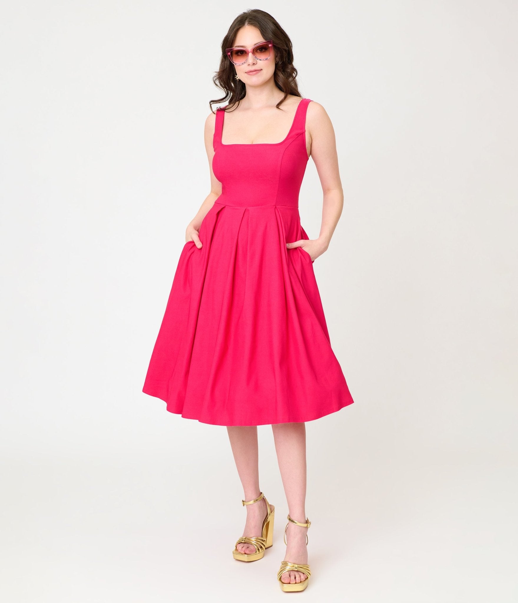 Unique Vintage Hot Pink Square Neck Pleated Swing Dress - Unique Vintage - Womens, DRESSES, SWING