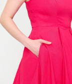 Unique Vintage Hot Pink Square Neck Pleated Swing Dress - Unique Vintage - Womens, DRESSES, SWING
