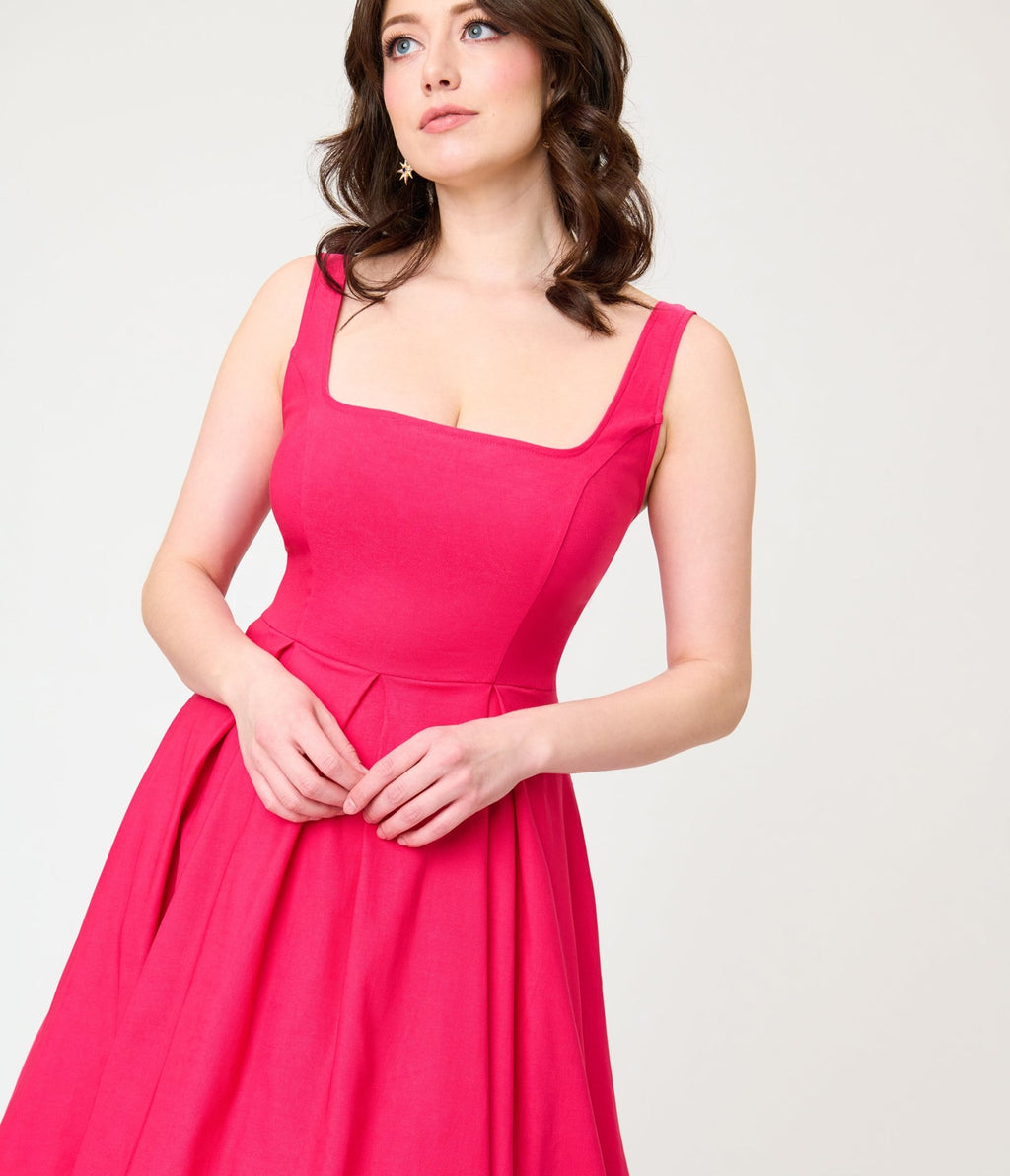 Unique Vintage Hot Pink Square Neck Pleated Swing Dress