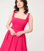 Unique Vintage Hot Pink Square Neck Pleated Swing Dress - Unique Vintage - Womens, DRESSES, SWING