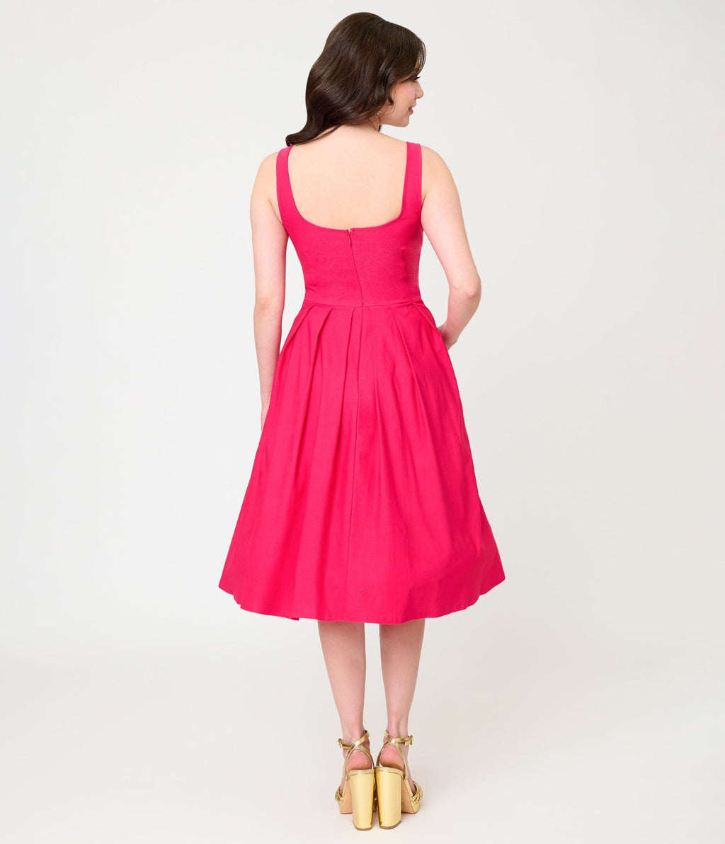 Unique Vintage Hot Pink Square Neck Pleated Swing Dress