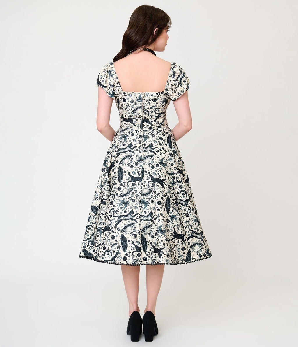 Unique Vintage Ivory & Black Mystical Cat Print Swing Dress - Unique Vintage - Womens, DRESSES, SWING