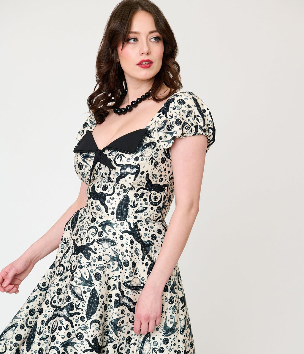 Unique Vintage Ivory & Black Mystical Cat Print Swing Dress - Unique Vintage - Womens, DRESSES, SWING