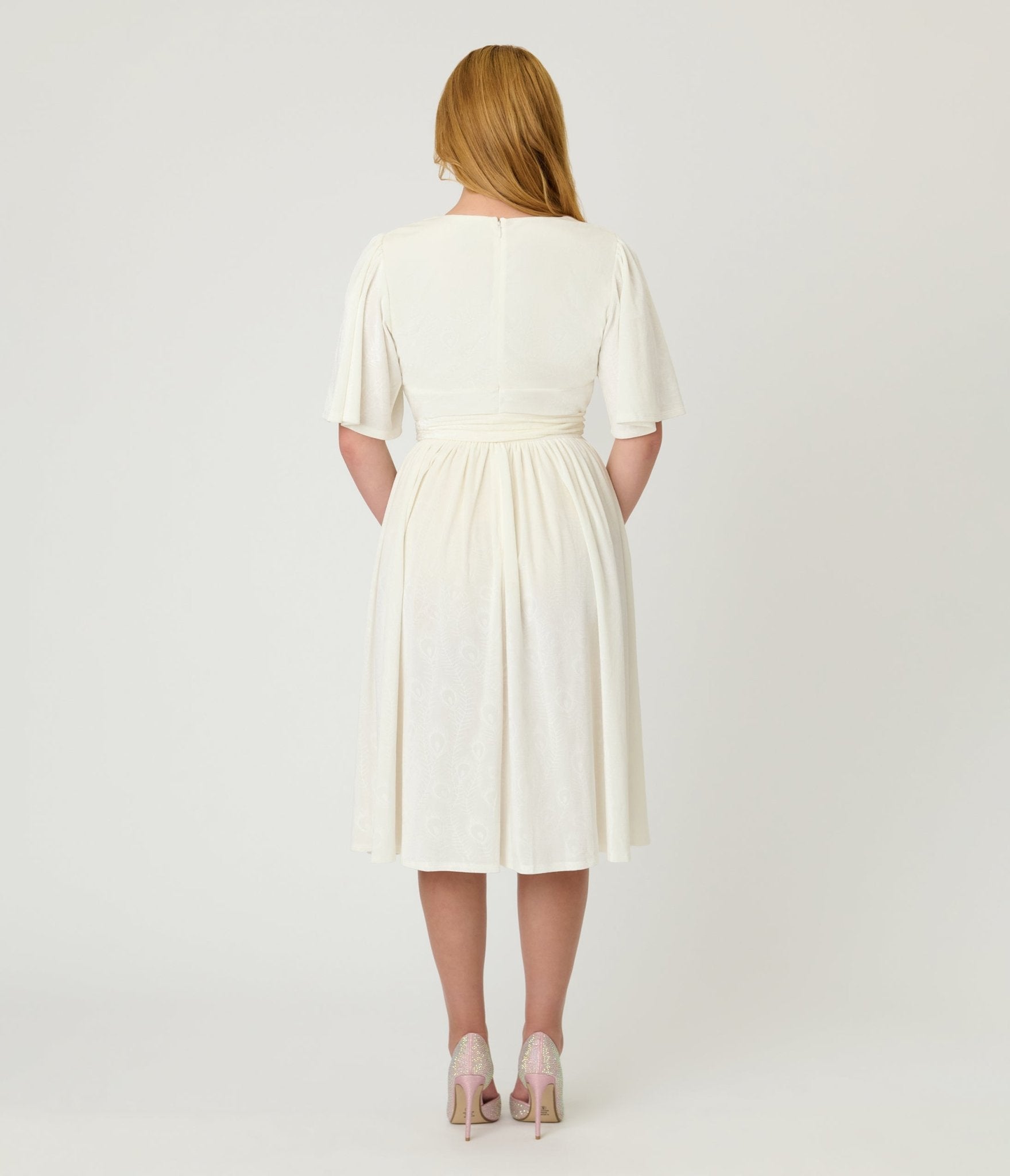 Unique Vintage Ivory Peacock Embossed Velvet Flutter Sleeve Lenora Swing Dress - Unique Vintage - Womens, DRESSES, SWING