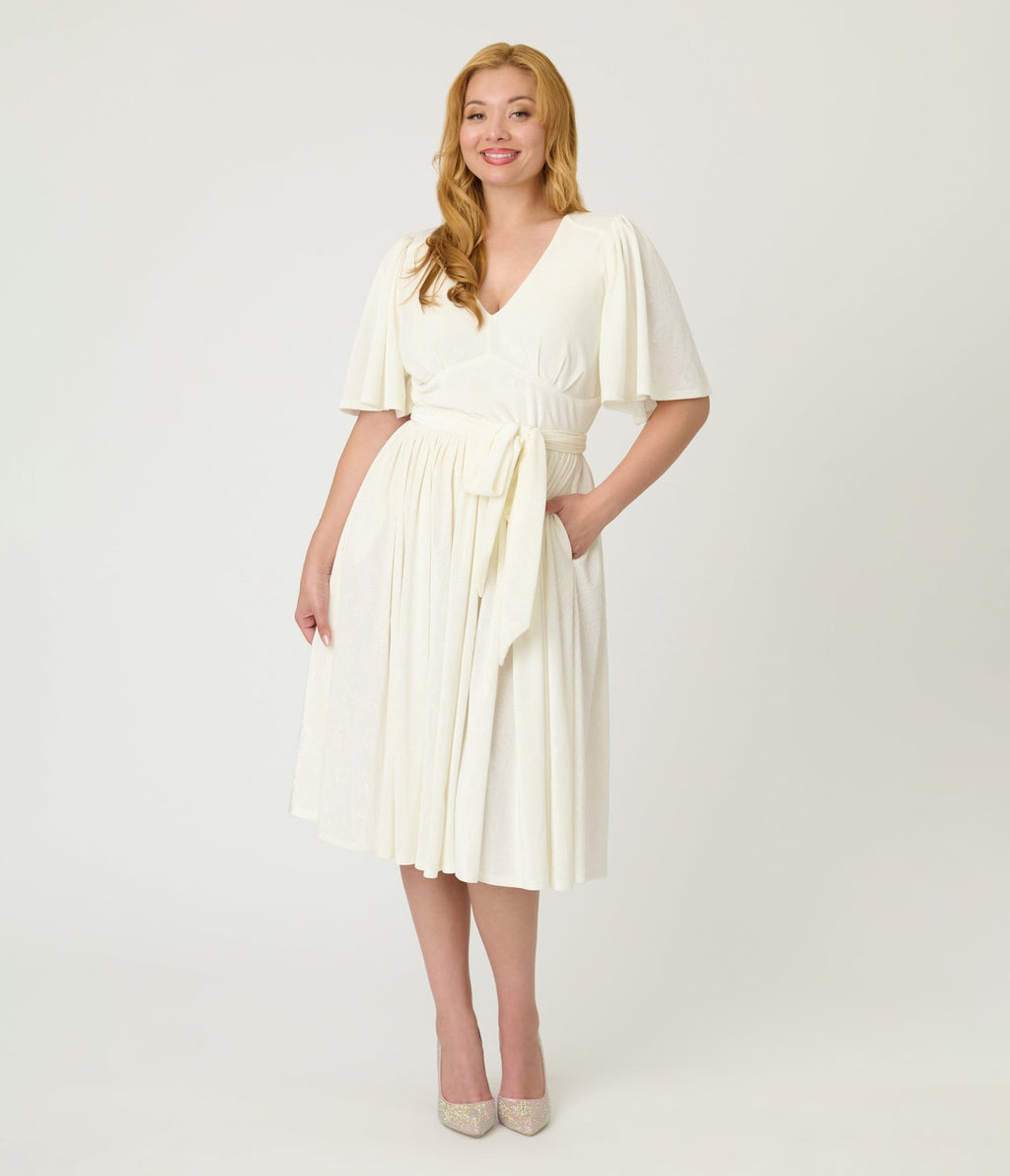 Unique Vintage Ivory Peacock Embossed Velvet Flutter Sleeve Lenora Swing Dress - Unique Vintage - Womens, DRESSES, SWING