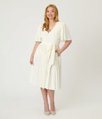 Unique Vintage Ivory Peacock Embossed Velvet Flutter Sleeve Lenora Swing Dress - Unique Vintage - Womens, DRESSES, SWING