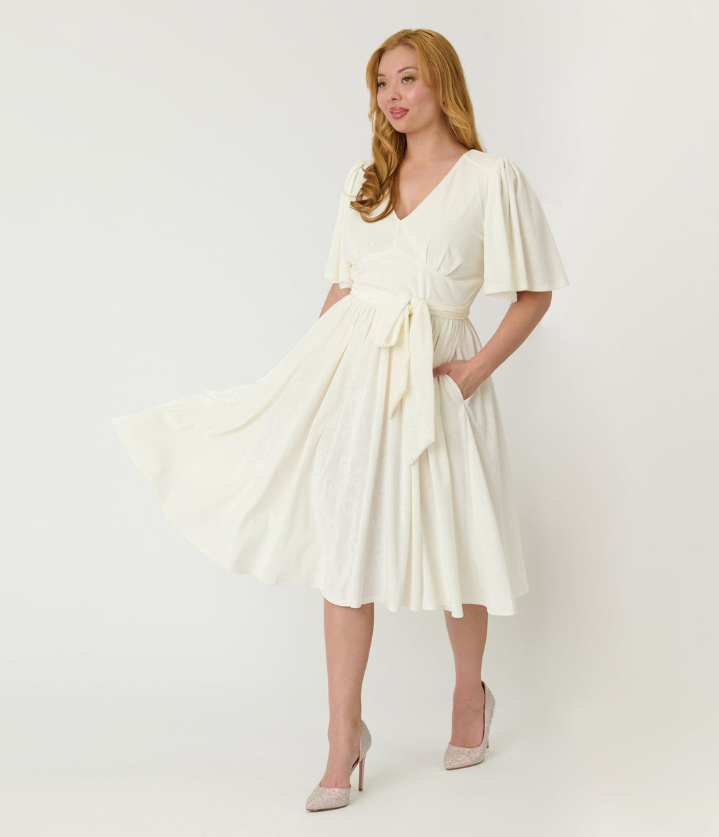 Unique Vintage Ivory Peacock Embossed Velvet Flutter Sleeve Lenora Swing Dress - Unique Vintage - Womens, DRESSES, SWING