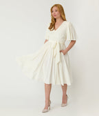 Unique Vintage Ivory Peacock Embossed Velvet Flutter Sleeve Lenora Swing Dress - Unique Vintage - Womens, DRESSES, SWING
