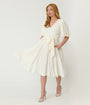 Unique Vintage Ivory Peacock Embossed Velvet Flutter Sleeve Lenora Swing Dress