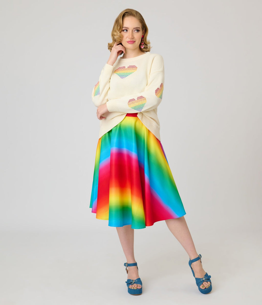 Unique Vintage Ivory & Rainbow Heart Cross Stitch Sweater - Unique Vintage - Womens, TOPS, SWEATERS