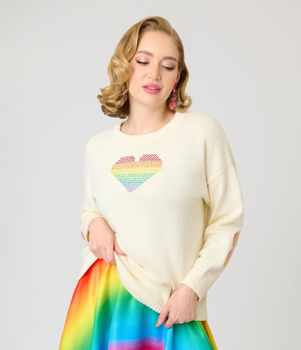 Unique Vintage Ivory & Rainbow Heart Cross Stitch Sweater - Unique Vintage - Womens, TOPS, SWEATERS