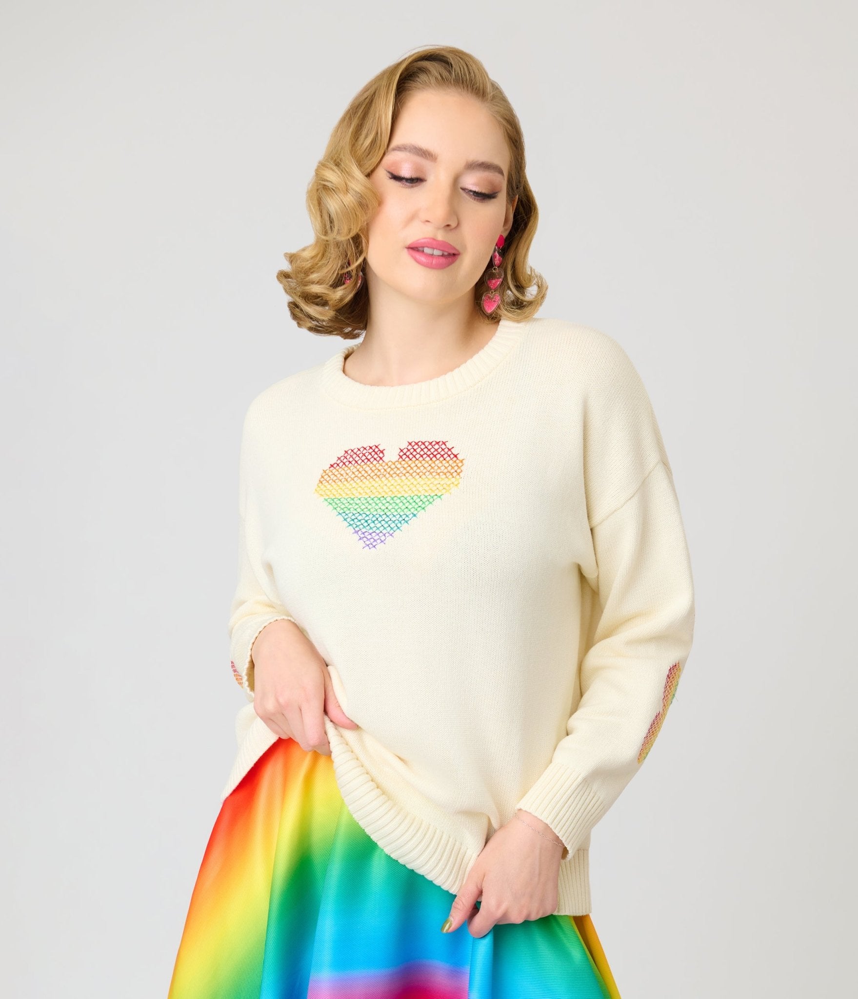 Unique Vintage Ivory & Rainbow Heart Cross Stitch Sweater - Unique Vintage - Womens, TOPS, SWEATERS