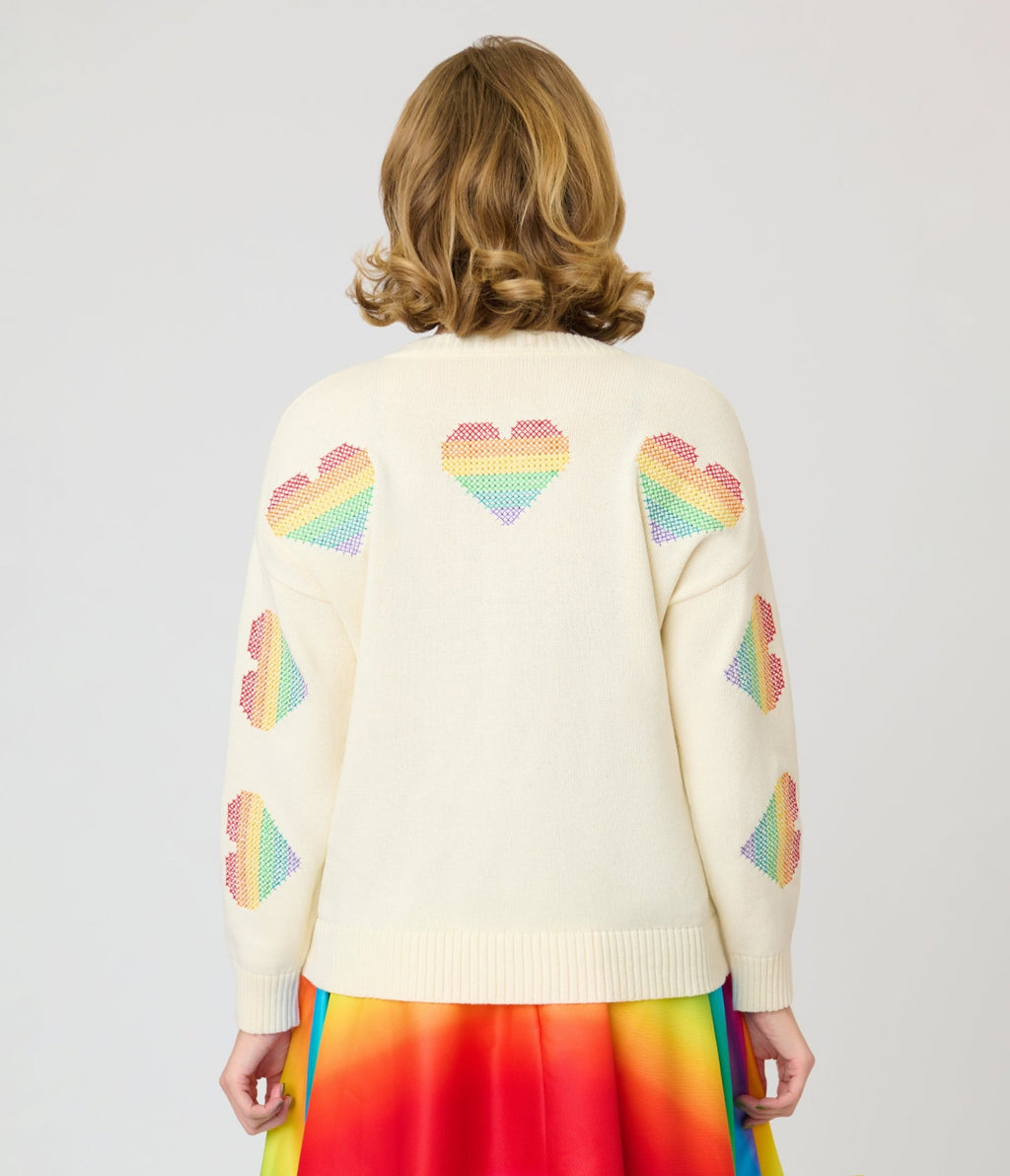 Unique Vintage Ivory & Rainbow Heart Cross Stitch Sweater - Unique Vintage - Womens, TOPS, SWEATERS