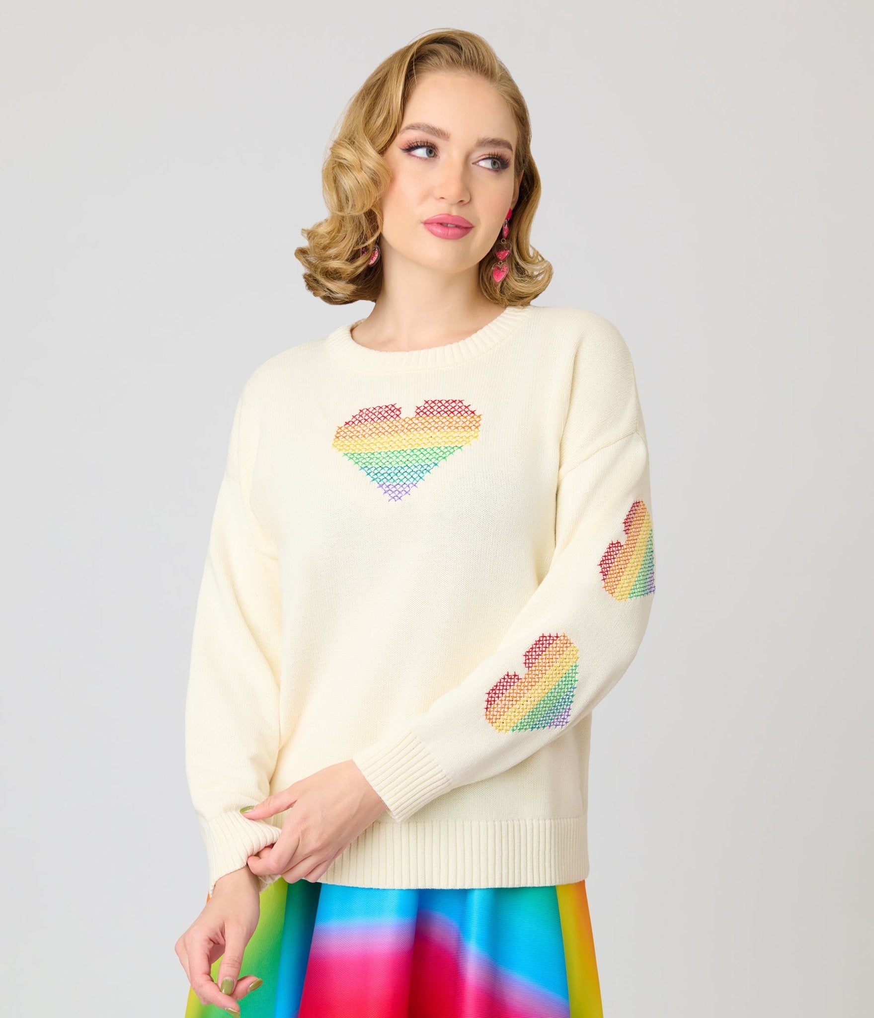 Unique Vintage Ivory & Rainbow Heart Cross Stitch Sweater - Unique Vintage - Womens, TOPS, SWEATERS