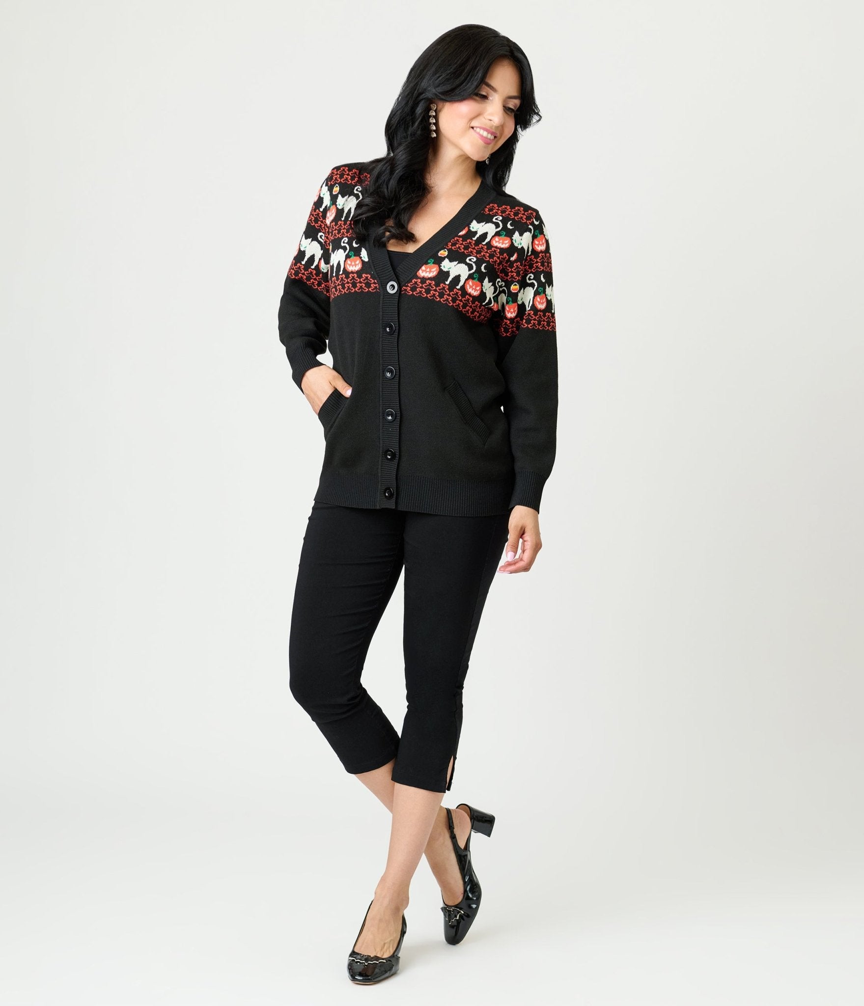 Unique Vintage Jack-O-Lantern Cat Fair Isle Button Cardigan