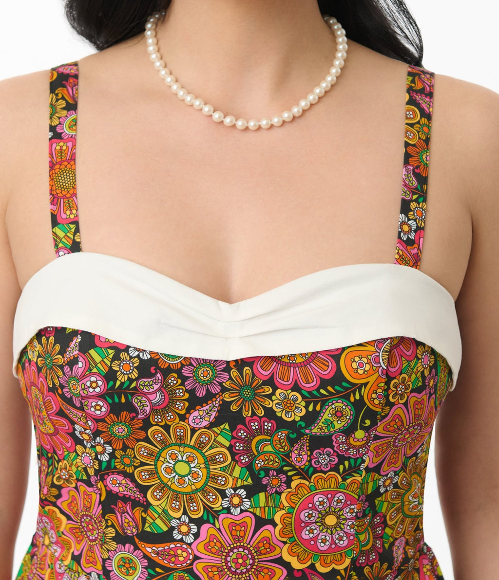 Unique Vintage Kaleidoscope Floral Print Skirted Dolly Romper - Unique Vintage - Womens, BOTTOMS, ROMPERS AND JUMPSUITS