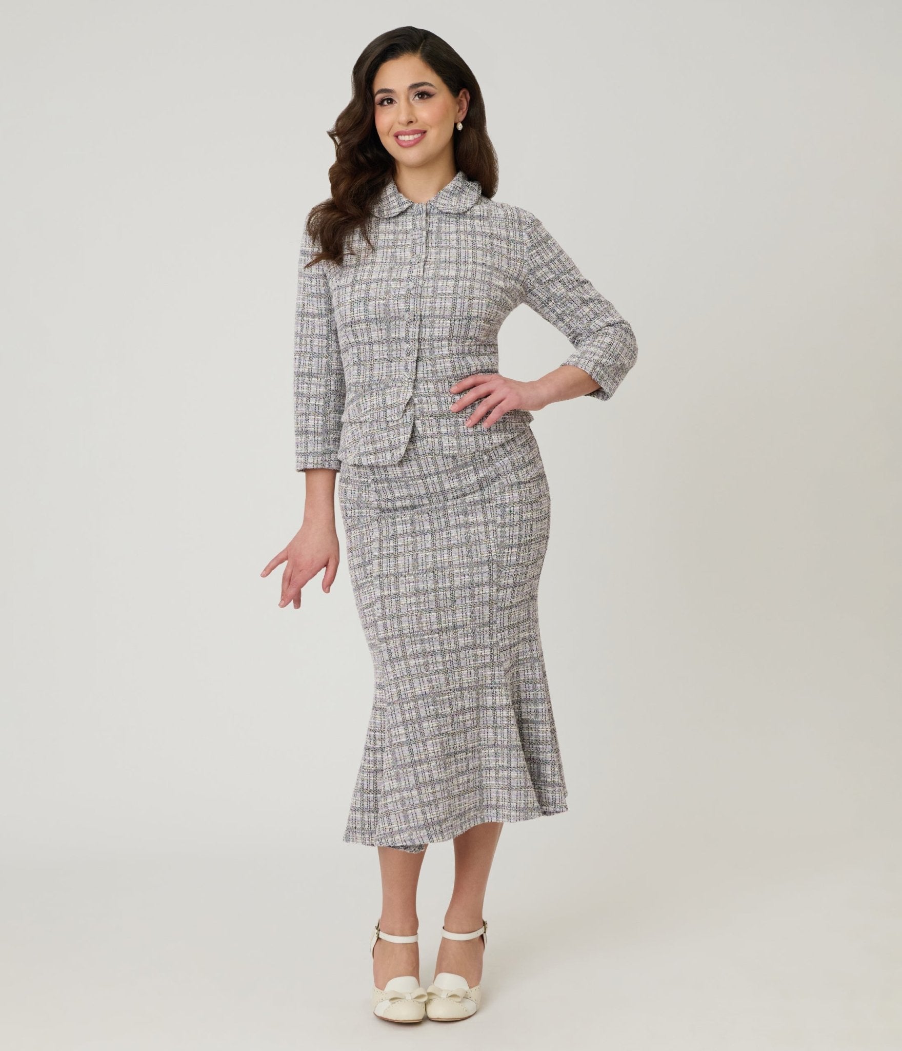 Unique Vintage Lavender Plaid Boucle Peplum Jacket - Unique Vintage - Womens, TOPS, OUTERWEAR