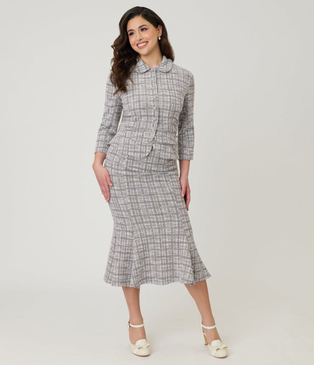 Unique Vintage Lavender Plaid Boucle Trumpet Skirt - Unique Vintage - Womens, BOTTOMS, SKIRTS