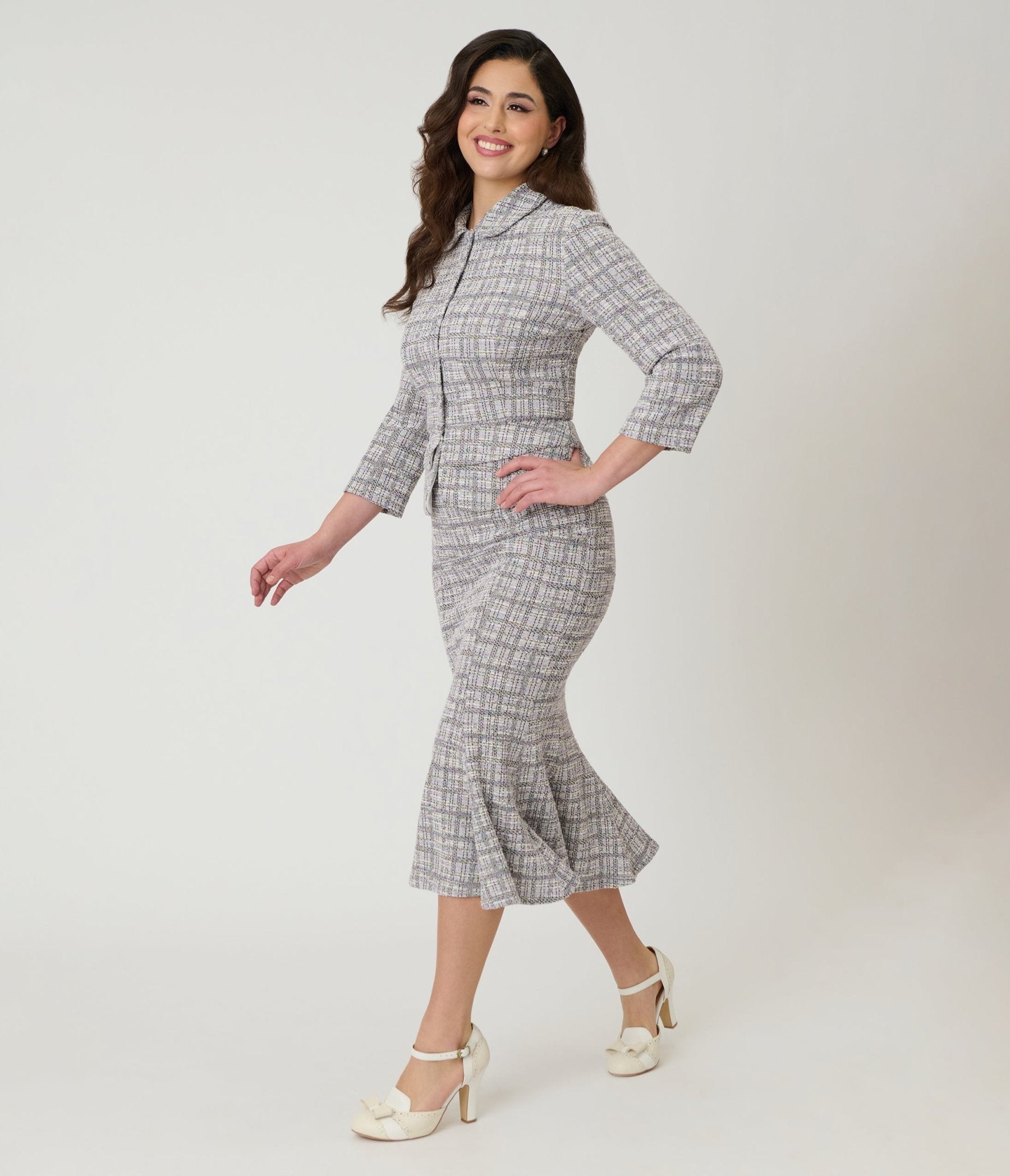 Unique Vintage Lavender Plaid Boucle Trumpet Skirt - Unique Vintage - Womens, BOTTOMS, SKIRTS