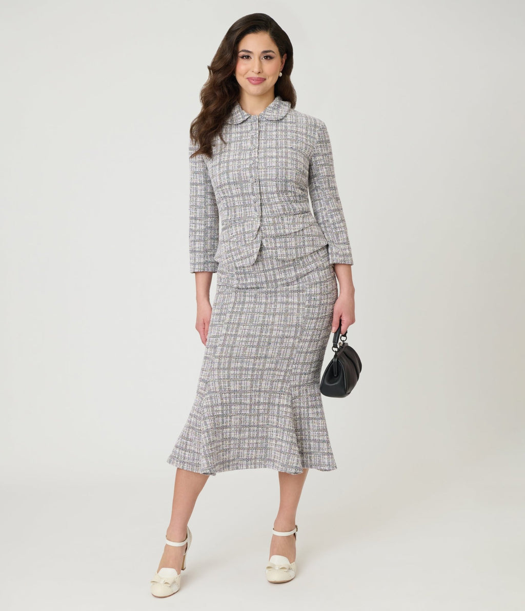 Unique Vintage Lavender Plaid Boucle Trumpet Skirt - Unique Vintage - Womens, BOTTOMS, SKIRTS